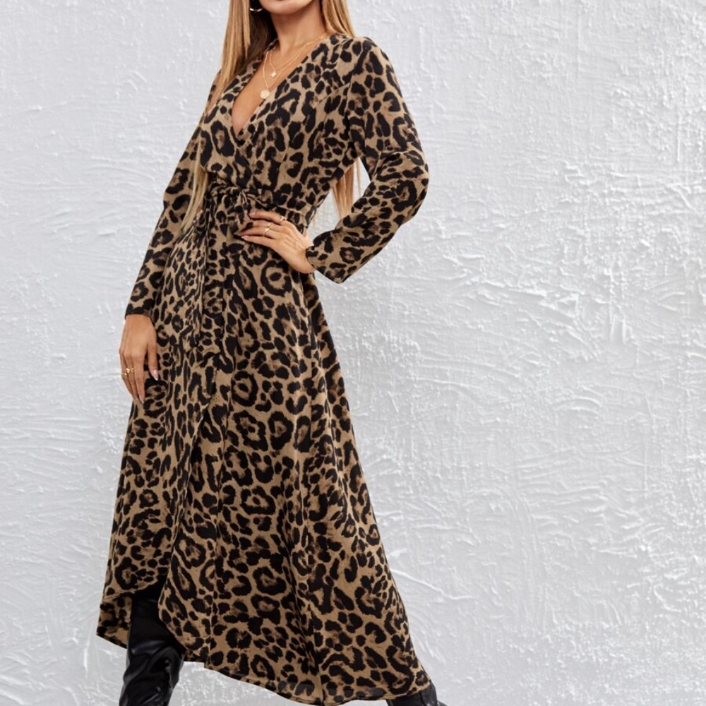 Leopard print wrap maxi long sleeve maxi dress - Picture 3 of 7